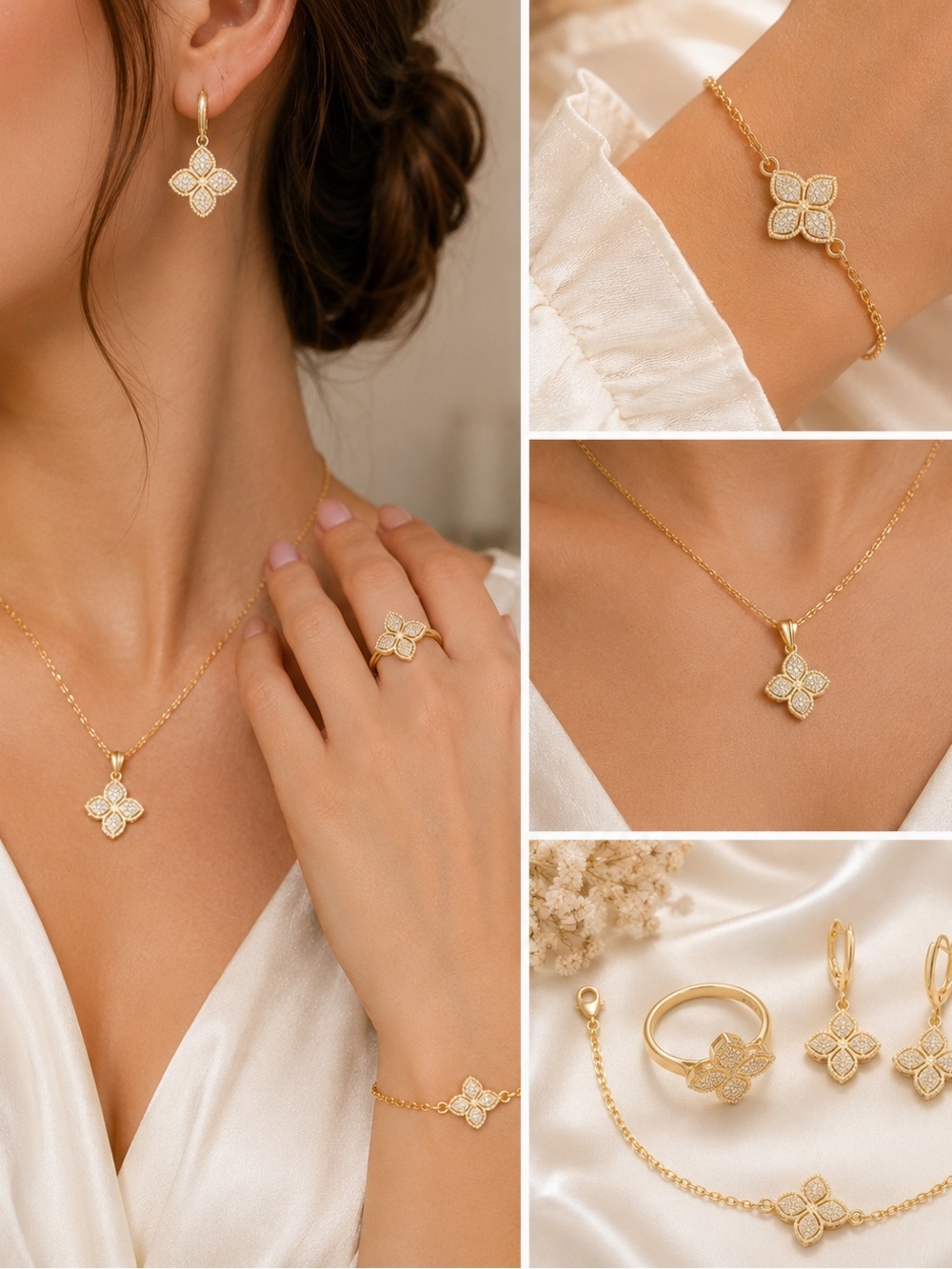Gold Tone Four Leaf Clover Jewelry Set Earrings, Pendant, Ring & Bracelet – - Picture 3 of 4